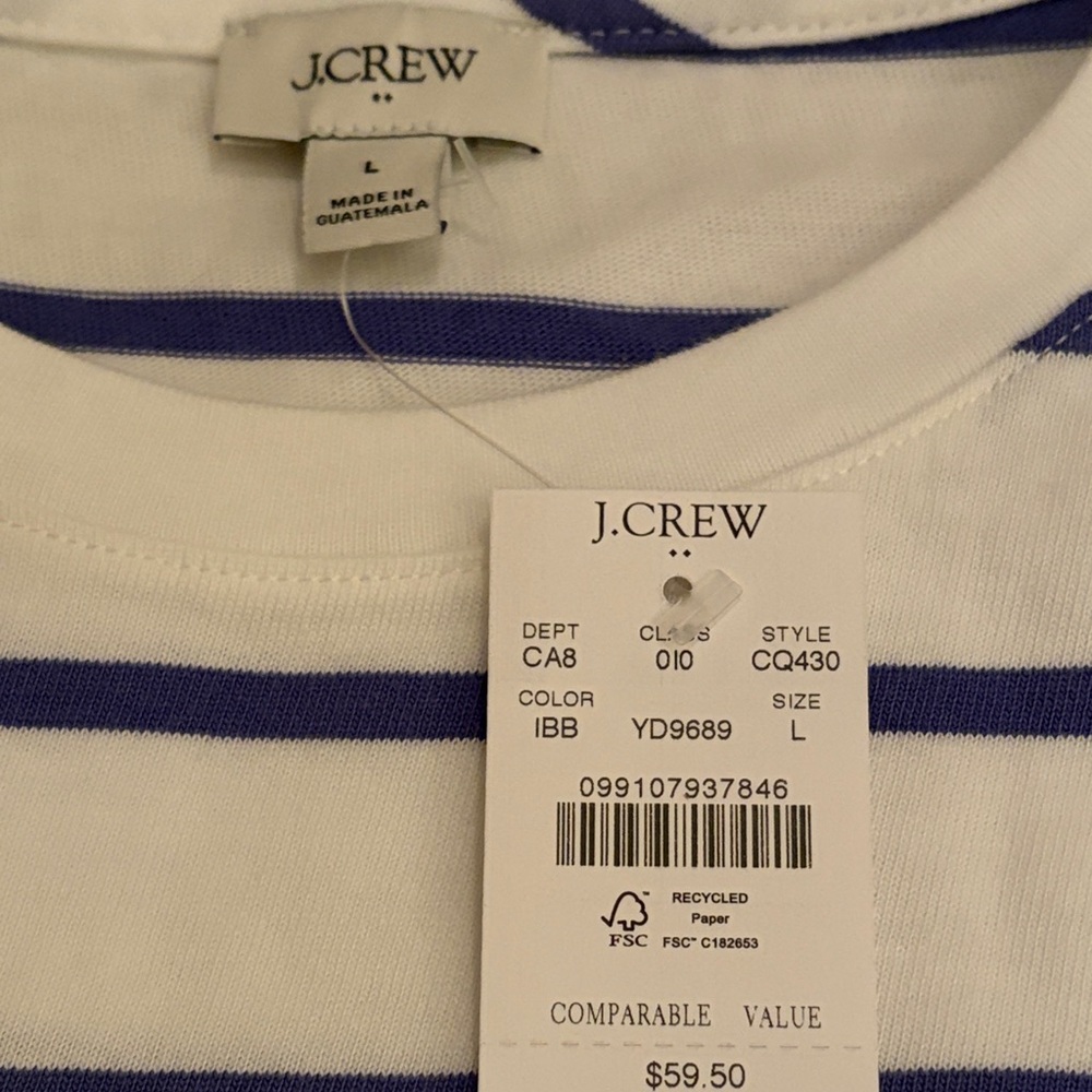 J. Crew Ivory Bistro Blue Striped Long-Sleeve Pocket Tee/NWT/L - Picture 5 of 10